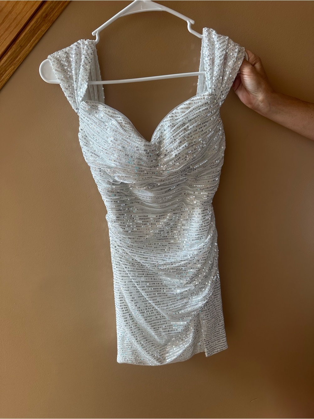 White Sequin Ruched Sweetheart Mini Dress with Wide Straps